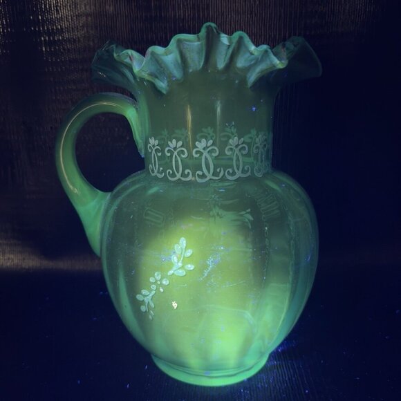 Antique Victorian Glass Pitcher Blue Enameled Crimped Rim Manganese 365nm Glow - Picture 16 of 16